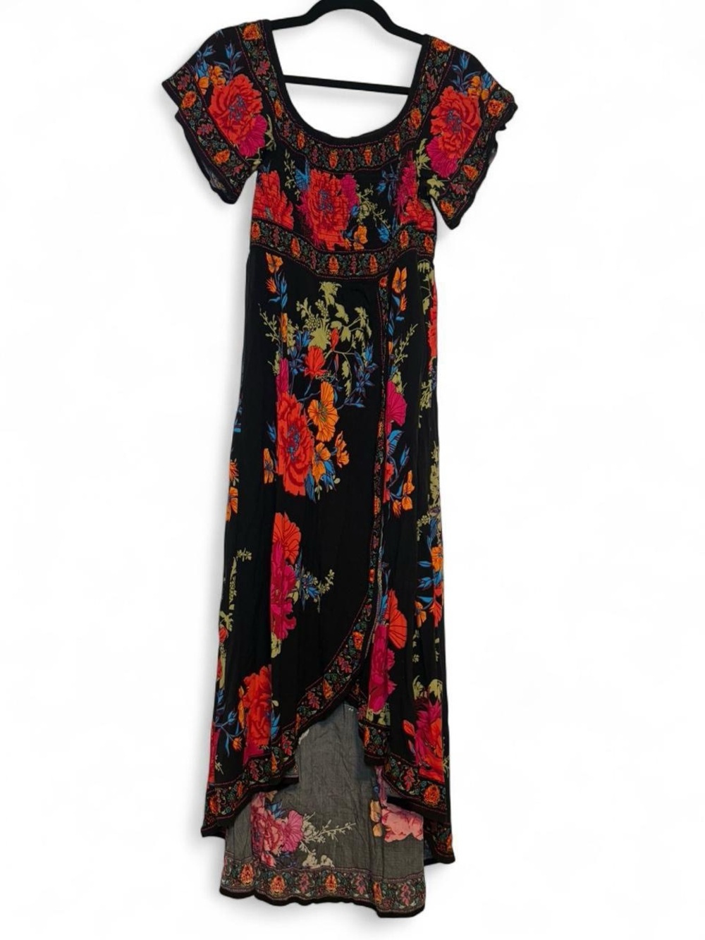 Black Floral Maxi Dress with Vibrant Red & Orange Blooms
